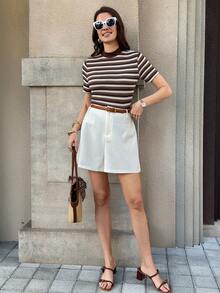 Solivie Women's Basic Striped Short Sleeve T-Shirt, Casual Daily Wear - Coffee Brown - View 6