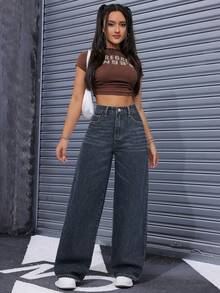 SHEIN ICON 大码女式无弹力牛仔裤，蓝黑色宽松阔腿直筒休闲裤 - 深色水洗藍 - 查看 3