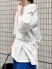 FRIFUL Women's Round Neck Loose Lace Tie-Up Splicing Camisole Design Casual T-Shirt For Commuting - White - View 8