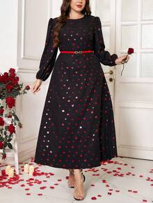 Gownix Plus Size Women's Valentine's Day Heart Print Lantern Sleeve Waist Cinched Dress,Black And Red Autumn Elegant Party New Year Eve Nye Outfits Flower - Multicolor - View 6