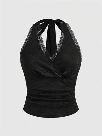 Canotta aderente da donna con collo alla halter in pizzo, stile Y2K sexy