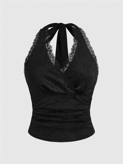 Débardeur moulant à encolure ras-du-cou en dentelle sexy Y2K pour femmes