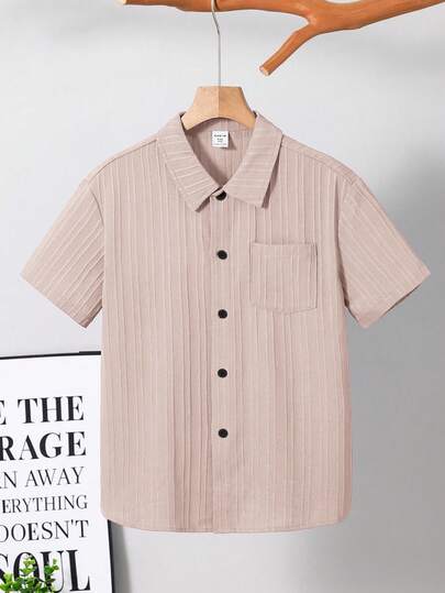 SHEIN 男童纯色前扣贴袋短袖梭织衬衫