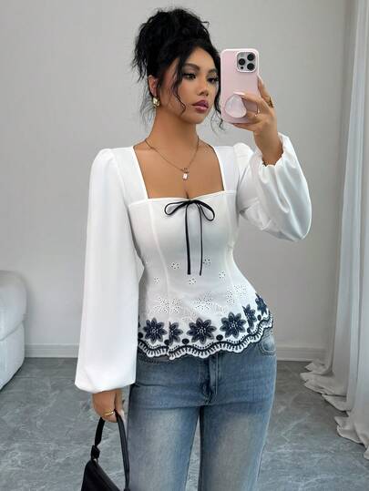 Elenzga Blusa elegante con cuello cuadrado y ribete de contraste en la cintura, adecuada para uso casual diario, citas y salidas, primavera/verano