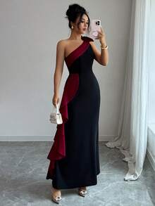 Elenzga Women's New Oblique Shoulder Contrast Color 3D Floral Ruffle Waist Mermaid Hem Elegant Maxi Dress - Red - View 6