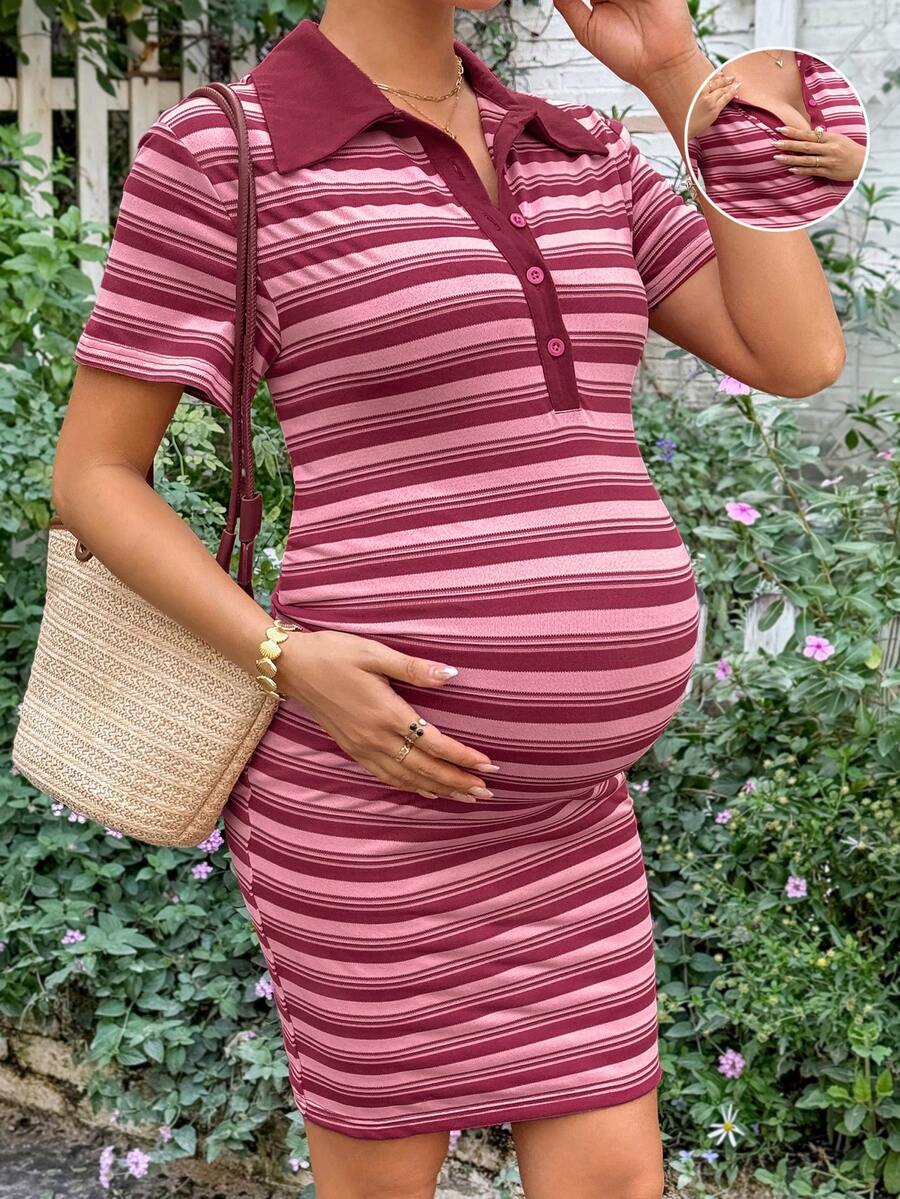 SHEIN Maternity Clothes Maternity Dress Maternity Striped Button Half-Placket Short Sleeve Casual Nursing Dress Vacation Pink - Pink - View 1