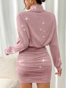 SHEIN Frenchy 女士纯色褶皱领优雅长袖迷你连衣裙 - 粉色 - 查看 2