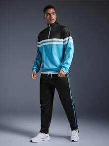 Driftmere Men's Fashion Colorblock Striped Patchwork Half-Zip Sweatshirt And Pants Set, Fall Clothes - Multicolor - View 5
