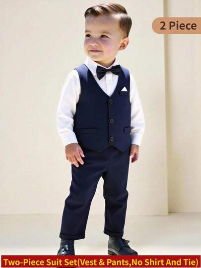 2pcs Baby Boy Formal Elegant Gentleman Suit, Solid Color Slim Fit Faux Pocket Single-Breasted Vest + Elastic Waist Casual Pants, No Shirt, No Bowknot, Fashion Outfit Suitable For Dinner, Reception, Performance, Party, Runway, Christening, Birthday, Wedding, Back To School, Spring/Summer/Autumn