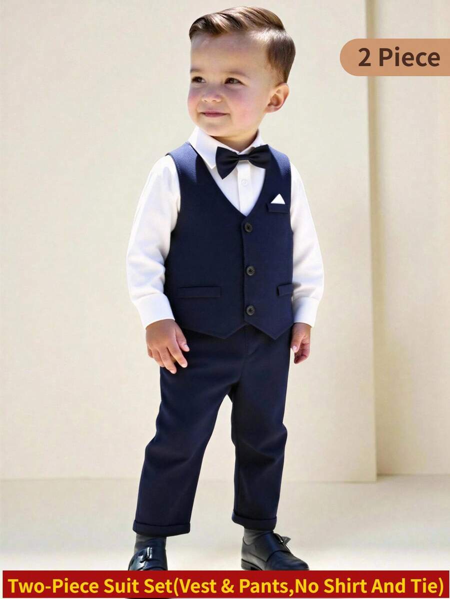 2pcs Baby Boy Formal Elegant Gentleman Suit, Solid Color Slim Fit Faux Pocket Single-Breasted Vest + Elastic Waist Casual Pants, No Shirt, No Bowknot, Fashion Outfit Suitable For Dinner, Reception, Performance, Party, Runway, Christening, Birthday, Wedding, Back To School, Spring/Summer/Autumn