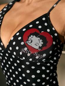 Betty Boop x SHEIN Women's Polka Dot & Cartoon Figure Graphic Camisole Top And Mini Skirt 2 Pieces Set - Black and White - View 9