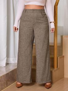 SHEIN Tall CURVE Plus Size Women High Waist Pockets Wide Leg Loose Elegant Office Pants Wide Leg Pants Women Wide Leg Pants Brown Pants For Women Knit Wide Leg Pants Tall Wide Leg Pants, Daily Life, Commuting, School, Teachers, Meetings, Going Out, Leisure, With Pocket, High-Waisted, Straight Leg Pants , Spring Women , Casual For Women , Women's Pants - Khaki - View 4
