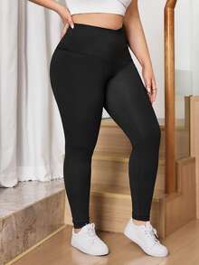 SHEIN Tall CURVE 大码女式纯色不对称腰带休闲百搭日常黑色打底裤高腰无缝打底裤，舒适紧身春季女装 - 黑色 - 查看 8