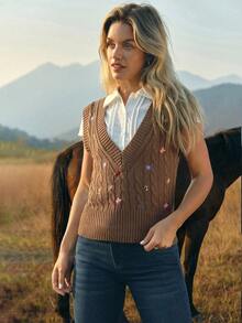 WESTFADE Floral Ladybug & Bee Embroidered V Neck Sleeveless Relaxed Fit Cable Knit Sweater Vest - Brown - View 3