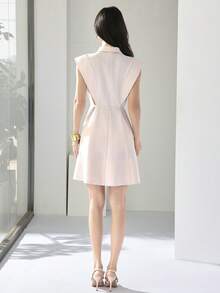Heiryn Women's Elegant Minimalist Short Dress With Collar, Single-Breasted, Waist Tie Design - Pink - View 7
