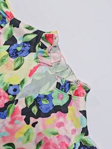 SHEIN Franclia 花卉印花装饰，浪漫假日度假风格女士V领荷叶袖衬衫 - 彩色 - 查看 4