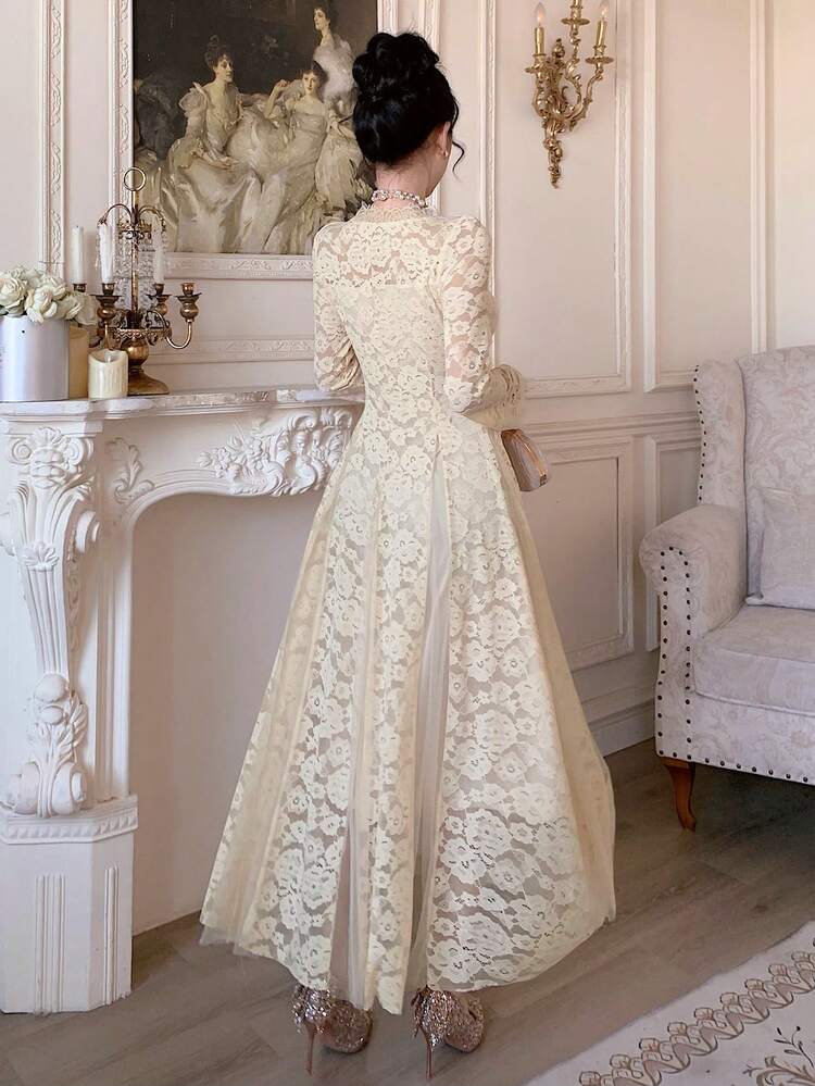 Spring & Summer Lace Patchwork Elegant Vacation Beach Dress, Waist Cinched, Flared Hem, Suitable For Casual, Wedding, Commute Maxi Dress Sundress
