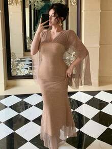DAZY Robe mi-longue élégante et slim pour le travail, avec volants en maille transparente et manches évasées. Convient pour un mariage, la Saint-Valentin ou une robe d'été. - Nude - Voir 8