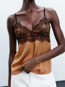 Maija Women's Contrast Color Lace Collar Decor Camisole, Fashionable & Elegant For Urban Commute, Business Casual - Brown - View 5