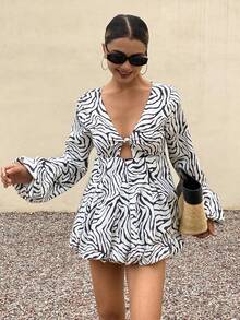 Livesso 女士斑马纹灯笼袖单扣花边下摆性感时尚长袖衬衫 - 白色 - 查看 1