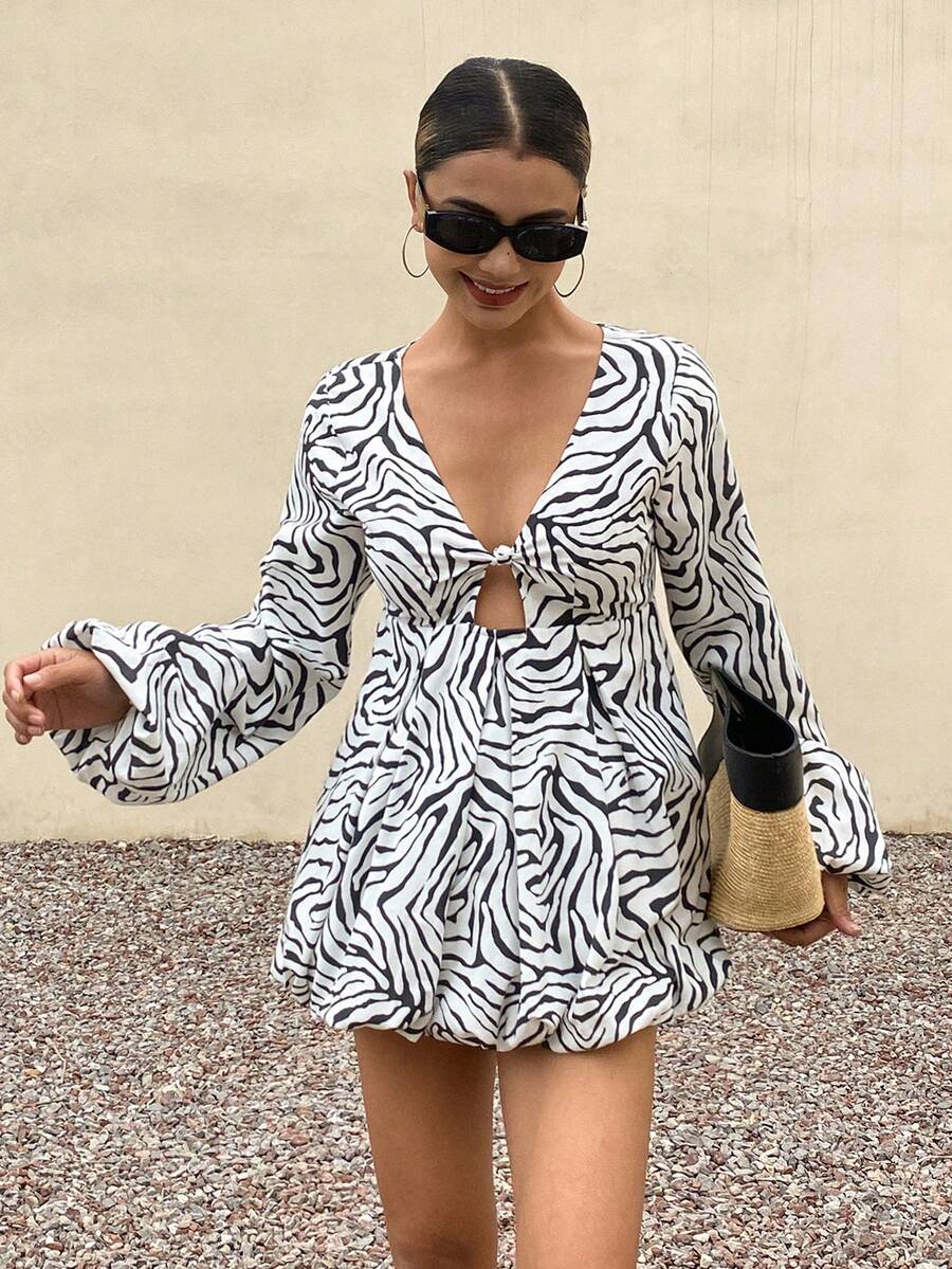 Livesso 女士斑马纹灯笼袖单扣花边下摆性感时尚长袖衬衫 - 白色 - 查看 1