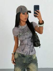 StreetHx Women's Streetwear Short Sleeve T-Shirt With Wing & Rhinestone Print - Grey - View 3