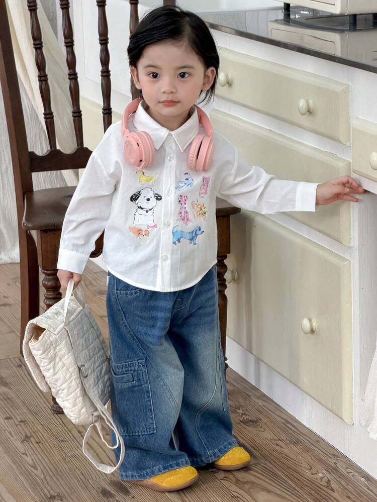 Toddler Boys' Casual Cartoon Print Turndown Collar Long Sleeve Top, Spring/Summer