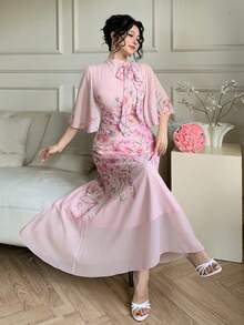 DAZY Women's Elegant Floral Print Ruched Tie Neck Flounce Sleeve Midi Dress, Spring/Summer