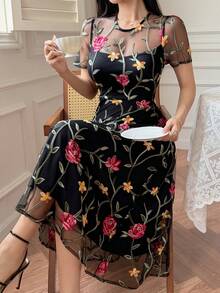 DAZY 女士优雅印花圆领泡泡袖连衣裙，夏季婚礼宾客礼服 - 黑色 - 查看 7