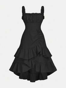 SHEIN Serisse Kids 少女杏色胸部褶皱多层不对称吊带腰身优雅连衣裙，法式仙女裙，春季郊游，情人节，生日派对，圣诞派对，情人节，女孩优雅黑色连衣裙，少女短款吊带优雅连衣裙，少女荷叶边连衣裙 - 黑色 - 查看 2