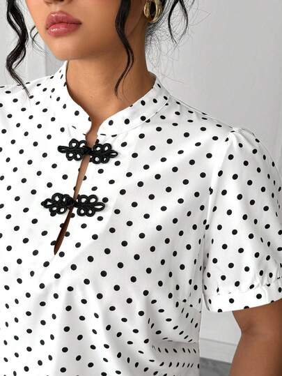 Elenzga Plus Size Women's White Polka Dot Print Button Collar Lantern Sleeve Loose Casual Chic Elegant Retro Spring/Summer Blouse Cute Shirt For Women Women's Blouses Short Sleeve Polka Dot Shirt Bow Shirt Polkadot Top Womens Blouses Short Sleeve Pokadot Top