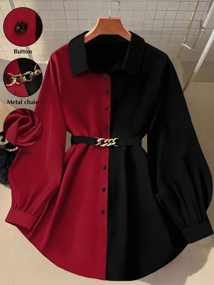 GlowEve CURVE Chemise à manches longues décontractée avec boutons et blocs de couleurs, grande taille, automne - Multicolore - Voir 1