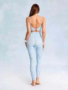 GLOWMODE 24" FeatherFit™ Crossover Leggings With Built-In Underwear Light Support Low Impact Yoga Daily Gym Valentine's Day - Blue and White - View 8