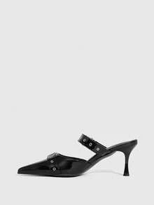 CUCCOO SZL Women's Simple Pointed Metal Buckle With Black Mules Stilettos, Sexy Retro Punk Style, Suitable For Parties, Street Tide Shooting And Other Scenes - Black - View 9