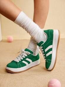 CUCCOO EASI Spring And Autumn Fashion Versatile Thick Sole Heightening Front Lace-Up Women's Casual Shoes Waterproof Table White Shoes - Green pu - View 2