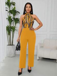 Lyxana 女士优雅印花露背连体裤 - 黃色 - 查看 5