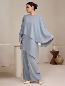 Graceveil Women's Asymmetrical Top With Button Decoration On Sleeve And Pants, Arabic Style Outfit Set