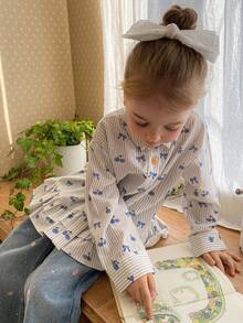 DAZY Young Girl Striped Bow Print Long Sleeve Ruffle Hem Cute Blouse Spring - Multicolor - View 2