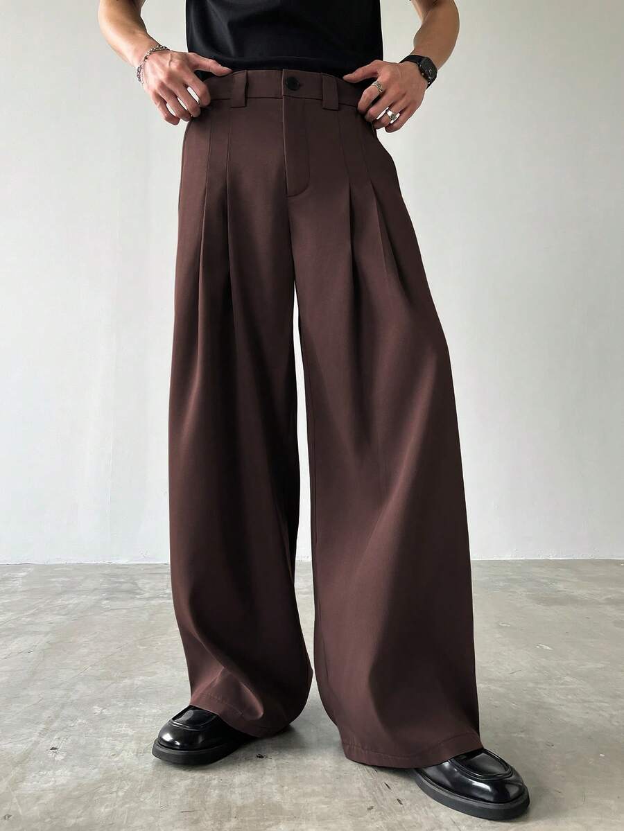 HUEFORM Men's Casual Solid Color Pleated Wide Leg Pants, Autumn - Brown - View 1