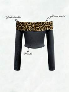 Olithes Kaos Off-Shoulder Seksi dengan Motif Leopard Kontras untuk Wanita, Kaos Motif Cheetah Grafis untuk Wanita - Grey - View 4