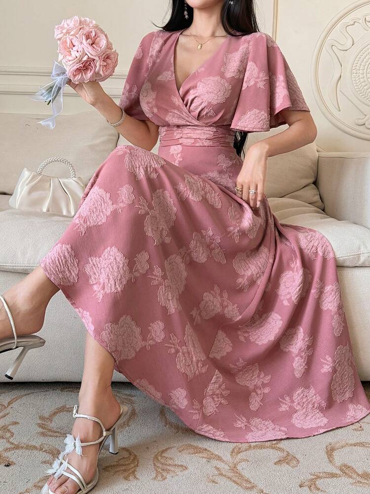 Women's Elegant Floral V-Neck Ruffle Sleeve Drawstring Dress, Summer Wedding Guest Dress Maxi Dress Sundress