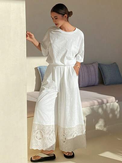 DAZY 宽松T恤上衣搭配阔腿七分裤睡衣套装，刺绣拼接设计，女士款