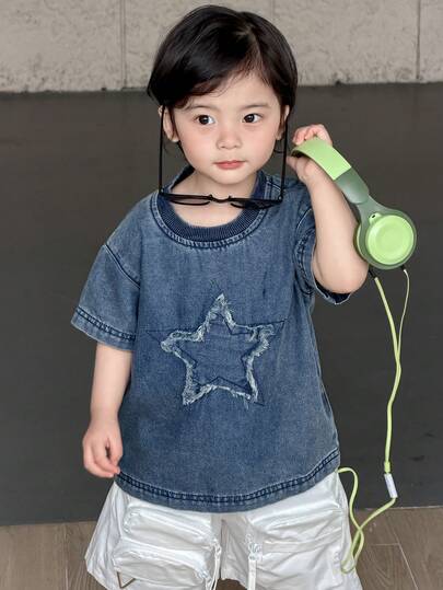 DAZY Ropa de calle estilo coreano para niños pequeños con cuello redondo y estrella de cinco puntas en denim lavado