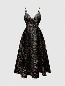 ROMWE Hippie 浪漫森林仙子花卉月亮太阳星星蝴蝶印花性感低胸吊带连衣裙，女士，春季 - 黑色 - 查看 2