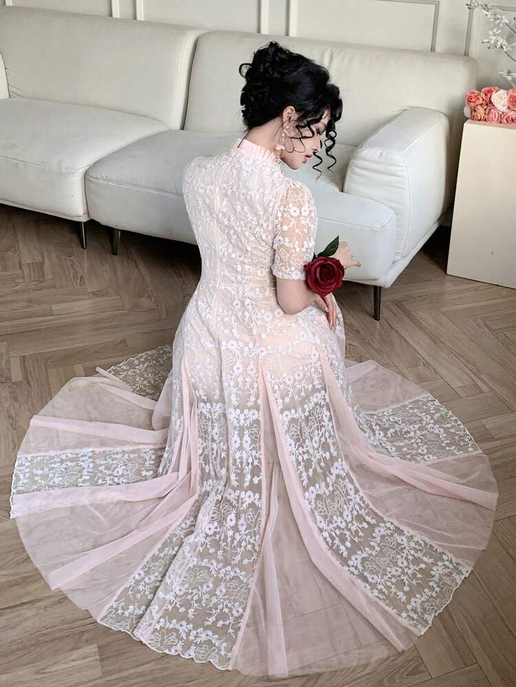 Women's Elegant Floral Patchwork Stand Collar Dress, Summer Wedding Guest Dress Sundress