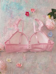 Women's Romantic Rose Floral Print Contrast Lace Twist Front Underwire Bra - Pink - View 2