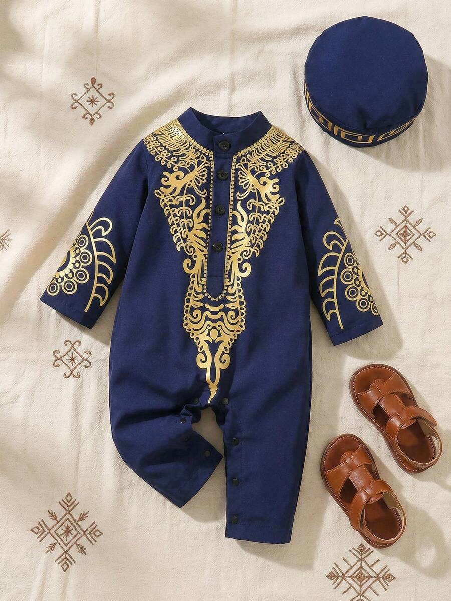 SHEIN Bộ 2 bộ quần áo liền thân in hoa đối xứng dài tay cổ vuông cài nút khóa kéo nửa thân cho bé trai và mũ phù hợp, bộ quần áo liền thân dài tay và mũ cho trẻ sơ sinh 2 món, thích hợp cho tiệc tùng, ngày lễ, lễ rửa tội, mặc hàng ngày, quần áo liền thân dài tay truyền thống, phù hợp cho mùa xuân, mùa hè, mùa thu, mùa đông, từ 3 tháng đến 1 tuổi, vật tổ may mắn, trang phục họa tiết hoa màu xanh navy, tạo nên bầu không khí thanh lịch và sang trọng, 3 tháng - 24 tháng - Màu xanh hải quân - Xem 1