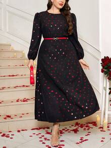 Gownix Plus Size Women's Valentine's Day Heart Print Lantern Sleeve Waist Cinched Dress,Black And Red Autumn Elegant Party New Year Eve Nye Outfits Flower - Multicolor - View 4