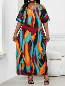 SHEIN Lady Đầm tay ngắn cổ chữ V in họa tiết toàn thân cỡ lớn, thích hợp cho kỳ nghỉ, phong cách thường ngày. - Nhiều màu - Xem 3