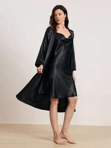 2件套女士丝滑系带睡袍及睡裙套装，优雅家居服，适合居家、睡眠，四季皆宜，秋冬皆可穿着